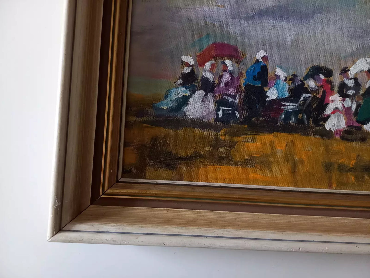 ORIGINAL Ölgemälde auf Karton inkl. Rahmen | Picknick am Strand / Abstrakt / Figuren | Signiert