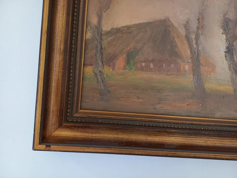 ORIGINAL Ölgemälde auf Leinwand inkl. Rahmen | Reetdachhaus / Nebel / Ostfriesland | Signiert