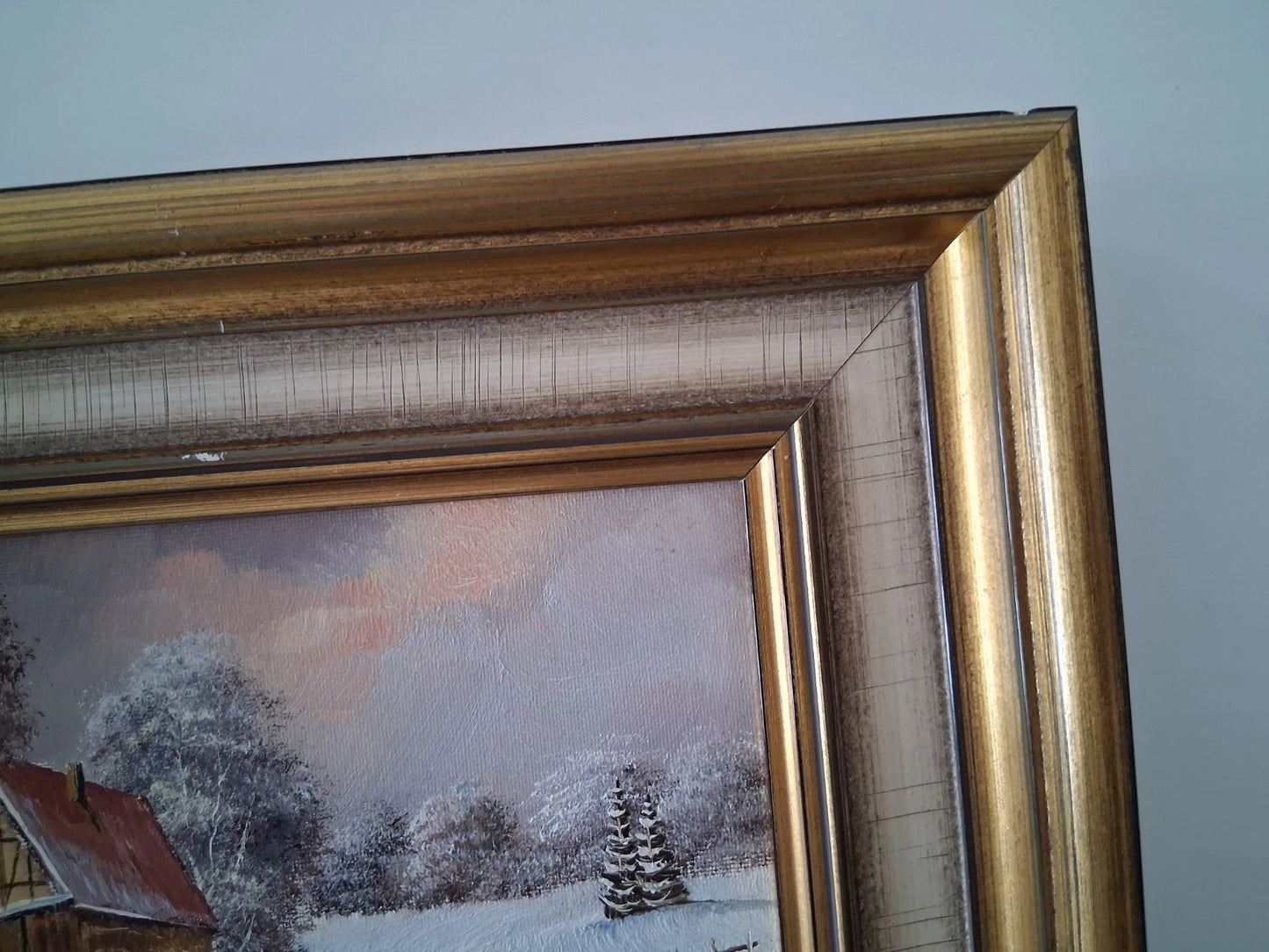 ORIGINAL Ölgemälde auf Karton inkl. Rahmen | Bauernhaus / Winterlandschaft mit Figur | Signiert