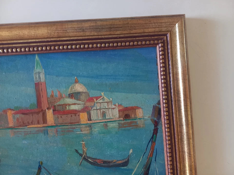 ORIGINAL Ölgemälde auf Karton inkl. Rahmen | San Marco / Markusturm / Venedig | Signiert