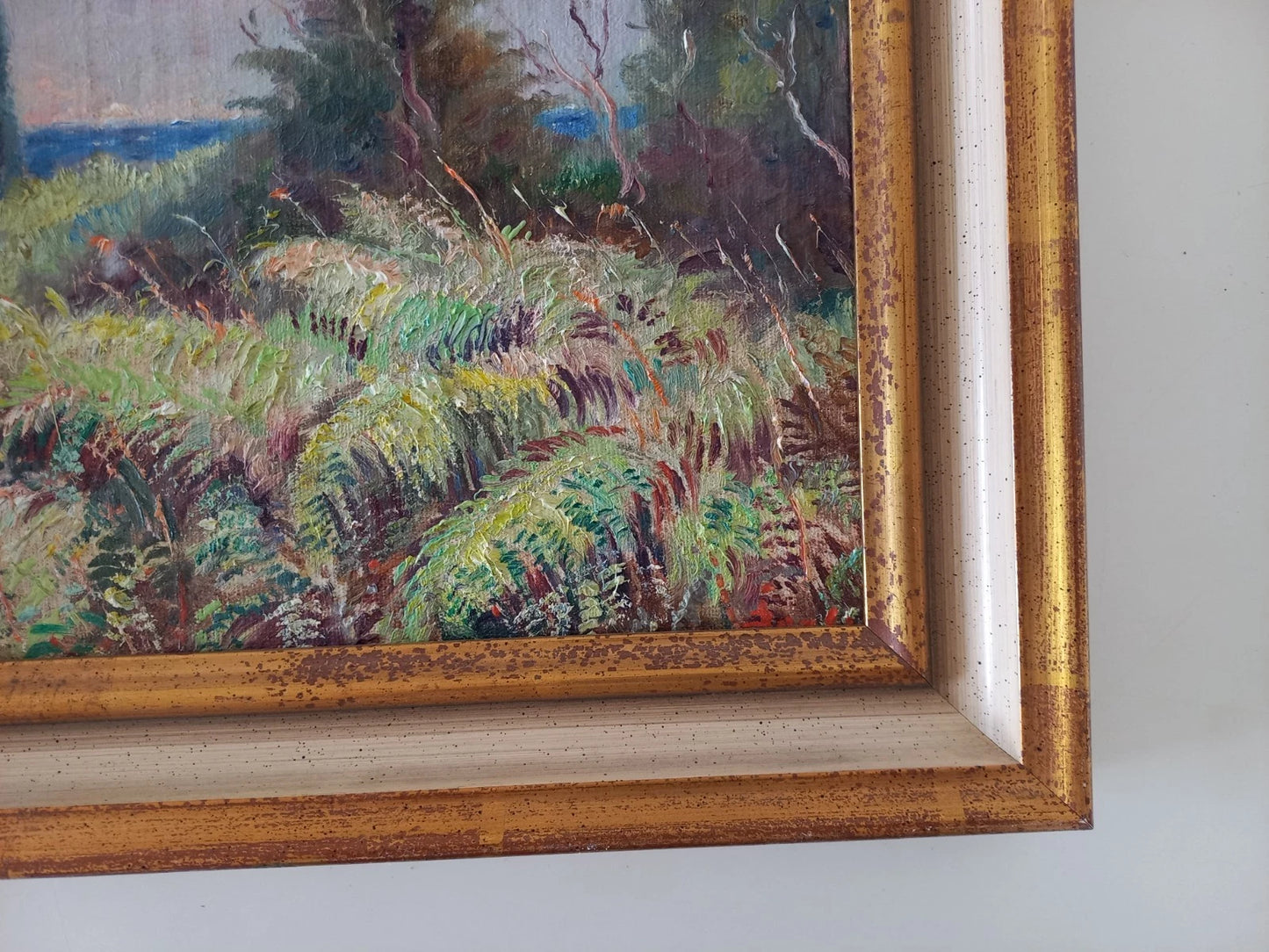 ORIGINAL Ölgemälde auf Karton inkl. Rahmen | Farnlandschaft / Natur | 33x28 cm | Signiert