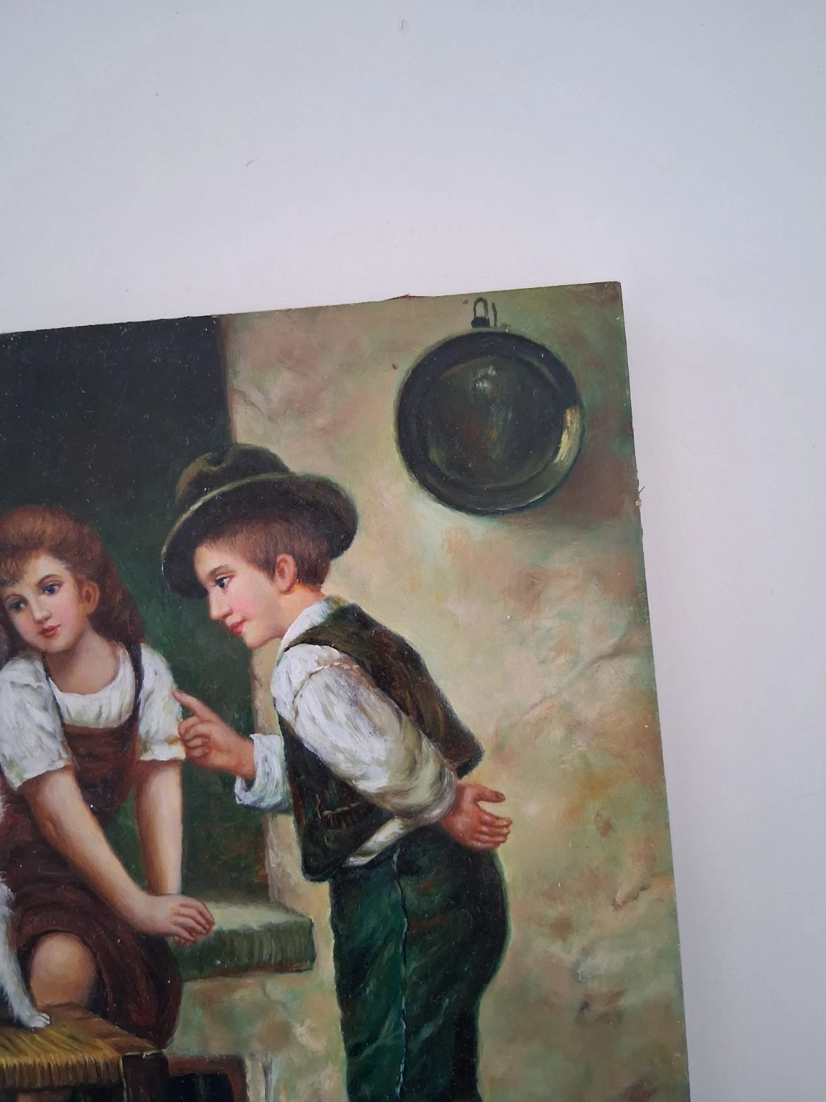 ORIGINAL Ölgemälde auf Holzplatte | Kinder mit Hund / Portrait | 20x25 cm | Signiert: JAMES