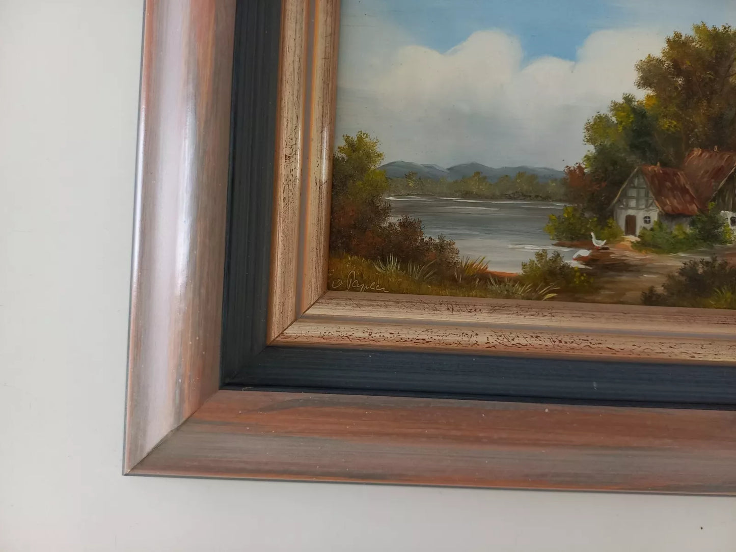 ORIGINAL Ölgemälde auf Holzplatte | Landschaft / Bauernhaus am See | Signiert: VON PAPEN