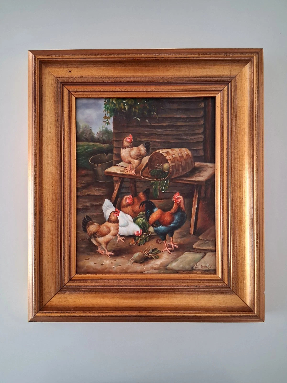 ORIGINAL Ölgemälde auf Holzplatte inkl. Rahmen | Hühnerstall / Bauernhof | Signiert: K. Koll