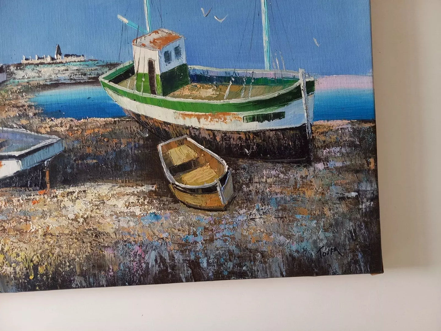 ORIGINAL Ölgemälde auf Leinwand | Fischerboote in der Bretagne / Frankreich | Signiert: TOUAR