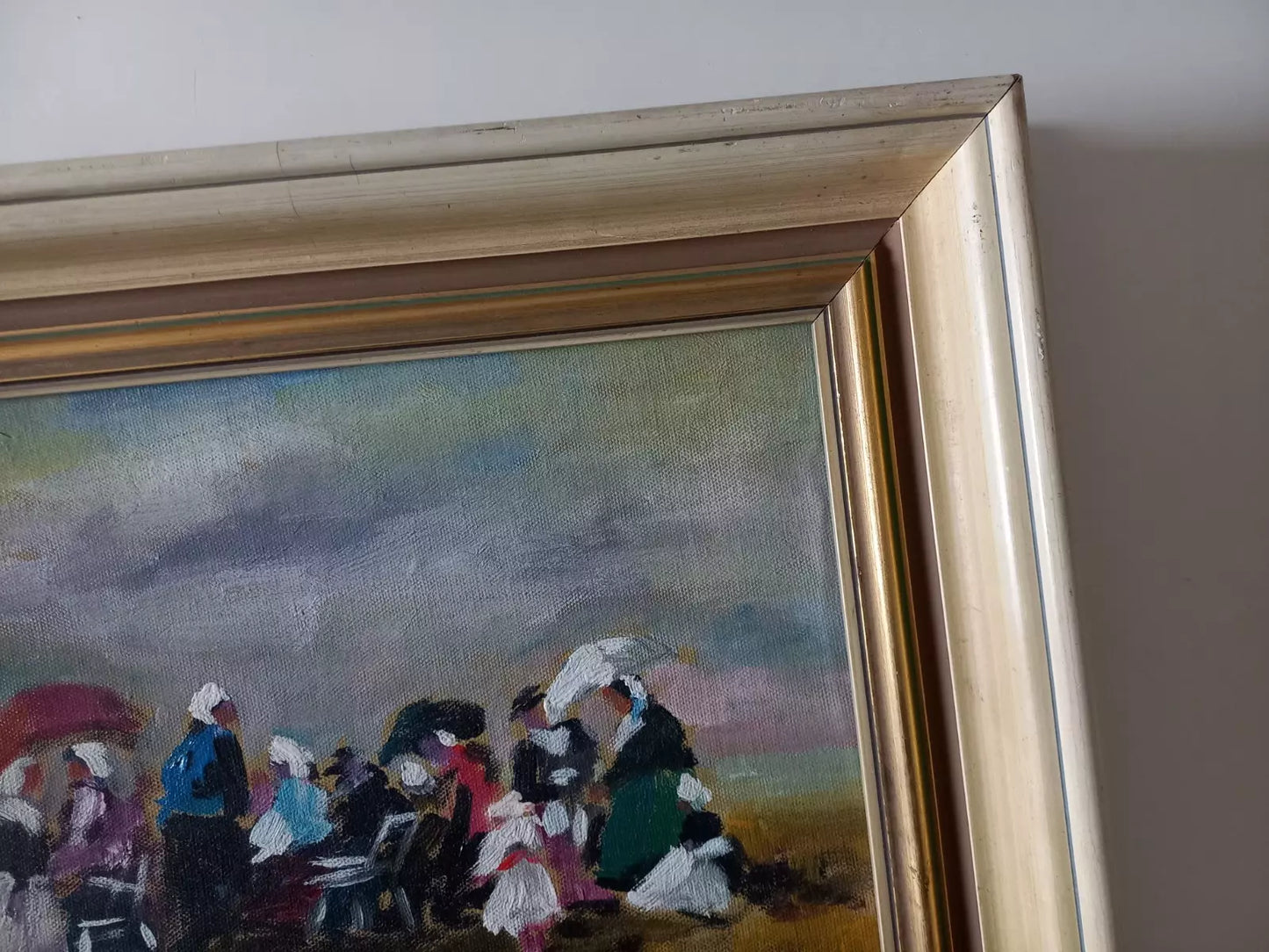 ORIGINAL Ölgemälde auf Karton inkl. Rahmen | Picknick am Strand / Abstrakt / Figuren | Signiert