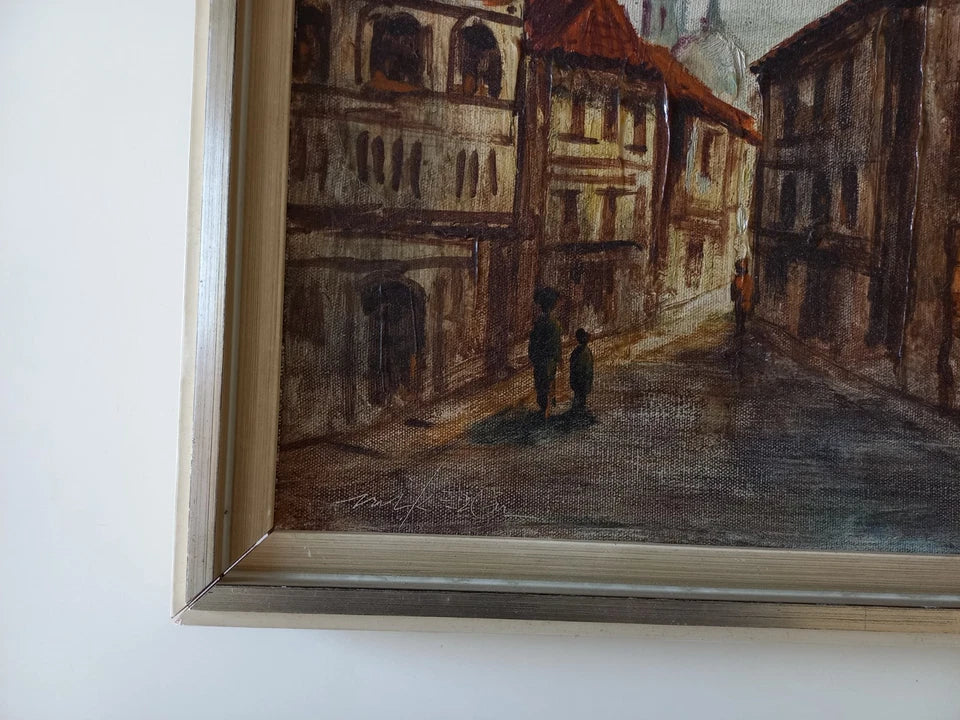 ORIGINAL Ölgemälde auf Leinwand inkl. Rahmen | Stadtansicht / Stadtszene mit Figuren | Signiert