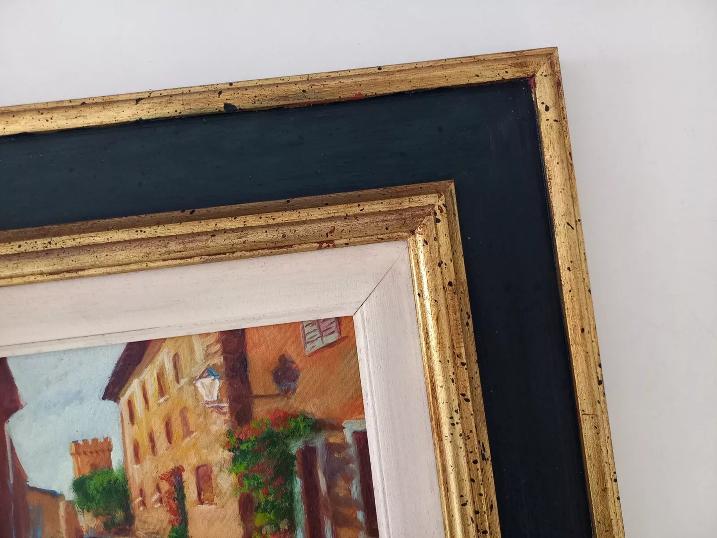 ORIGINAL Ölgemälde auf Karton inkl. Rahmen | Stadtansicht mit Burgturm | 39x35 cm