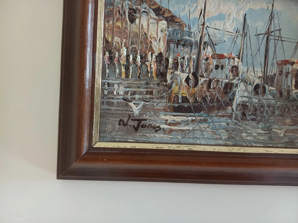 ORIGINAL Ölgemälde auf Karton | Fischerboote im Hafen | 19x14 cm | Signiert: N. JONES