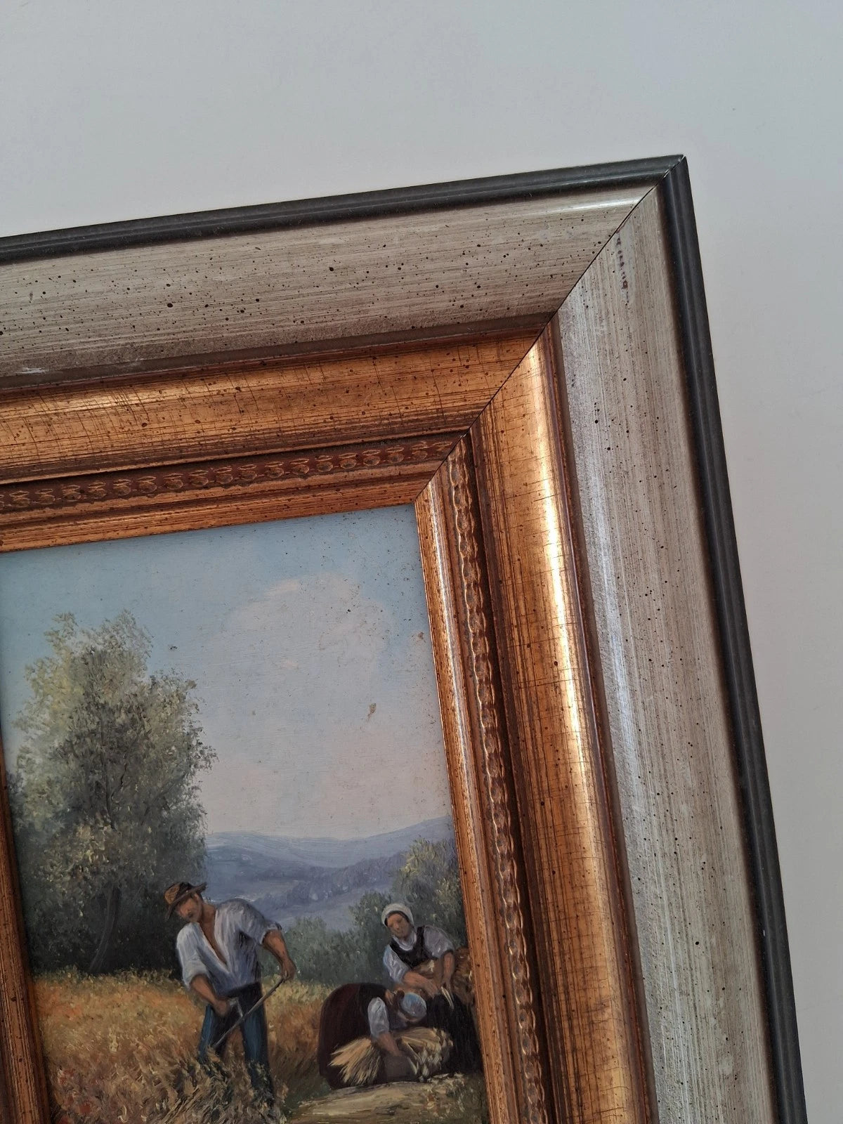 ORIGINAL Ölgemälde auf Holzplatte inkl. Rahmen | Landwirtschaft / Heuernte / Figuren | Signiert