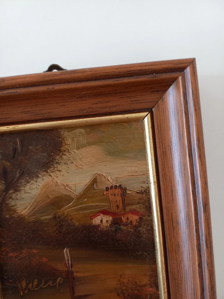 SELTENES KLEINES Ölgemälde auf Kupferplatte inkl. Rahmen | Landschaft / Burg / Italien | Signiert