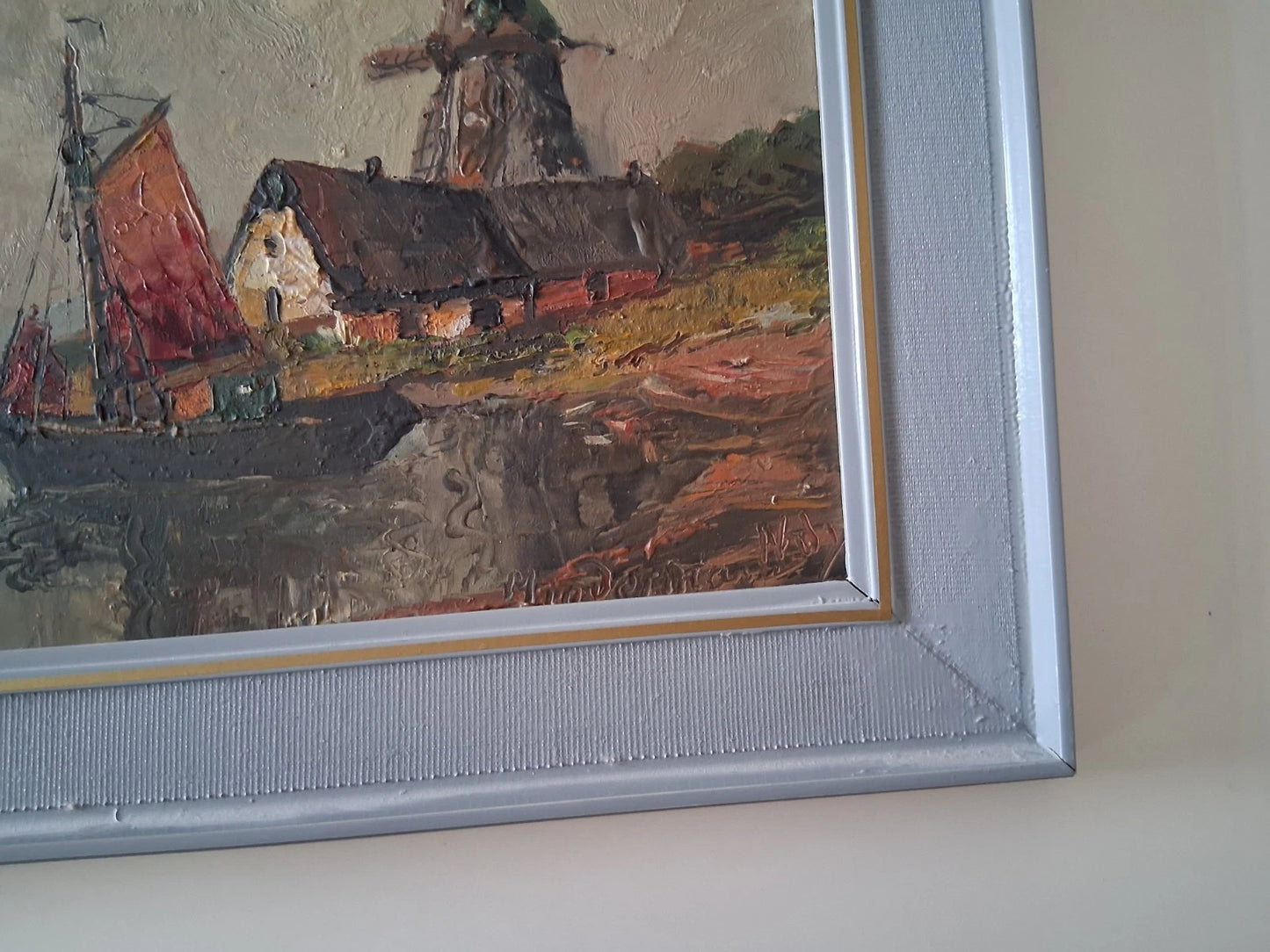 ORIGINAL Ölgemälde auf Karton inkl. Rahmen | Segelboot / Windmühle | 39x33 cm | Signiert