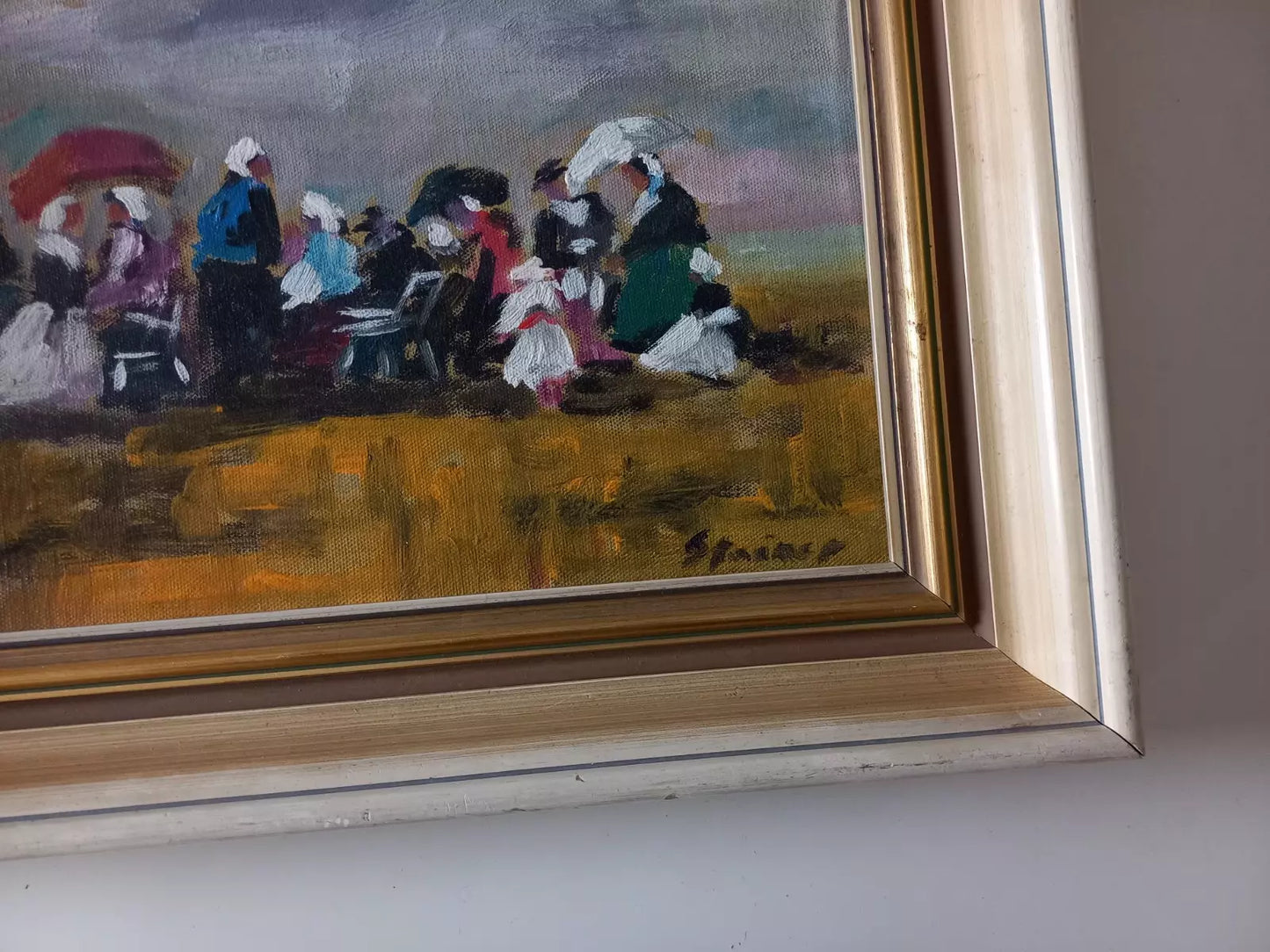 ORIGINAL Ölgemälde auf Karton inkl. Rahmen | Picknick am Strand / Abstrakt / Figuren | Signiert