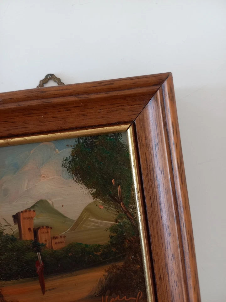 SELTENES KLEINES Ölgemälde auf Kupferplatte inkl. Rahmen | Landschaft / Burg / Italien | Signiert