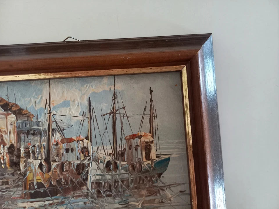ORIGINAL Ölgemälde auf Karton | Fischerboote im Hafen | 19x14 cm | Signiert: N. JONES