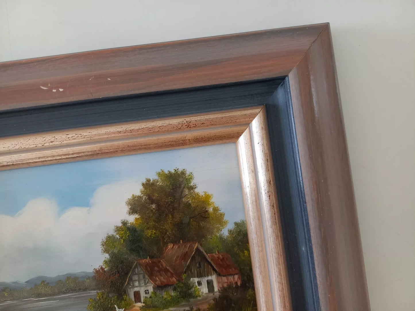 ORIGINAL Ölgemälde auf Holzplatte | Landschaft / Bauernhaus am See | Signiert: VON PAPEN