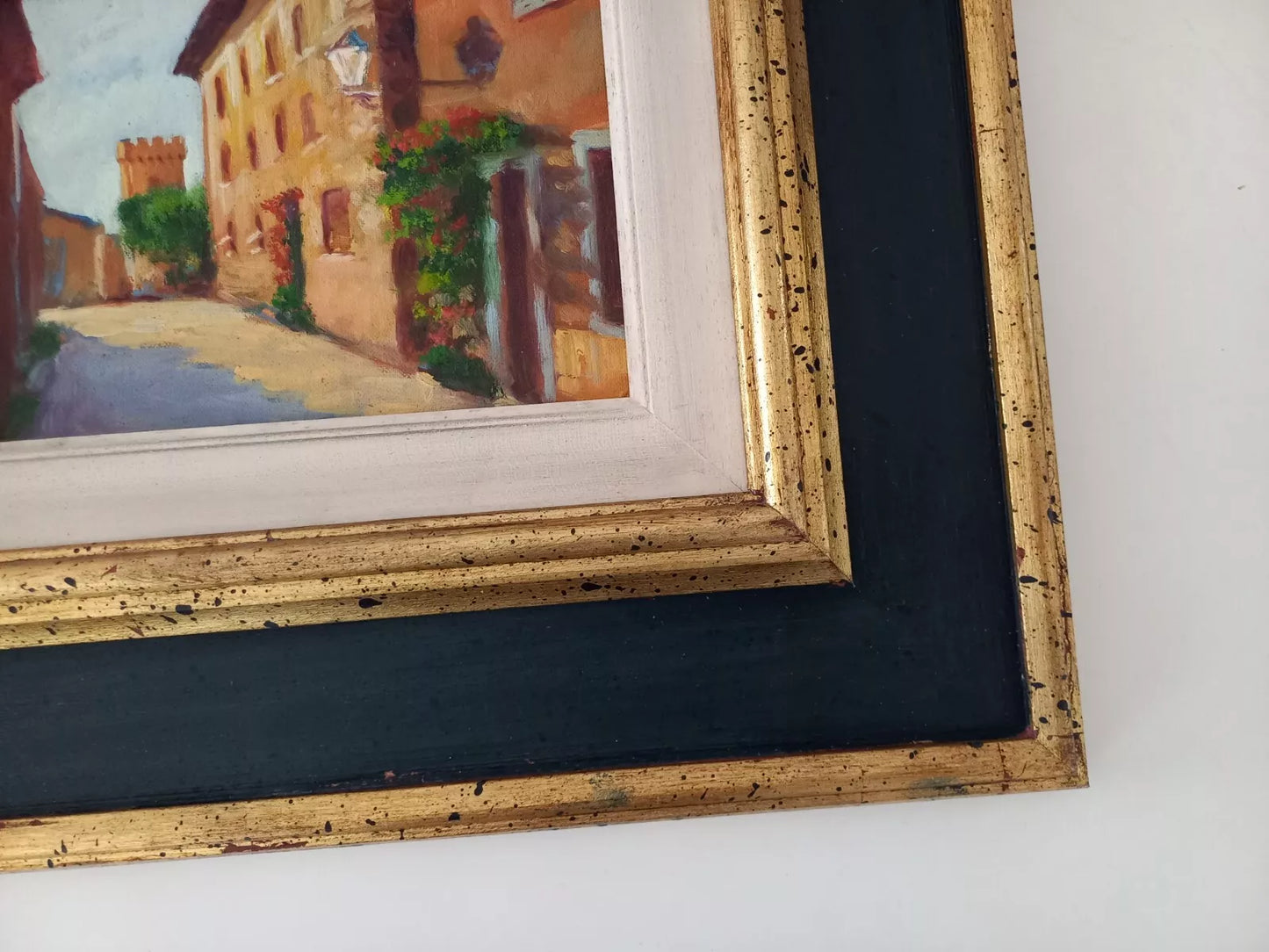 ORIGINAL Ölgemälde auf Karton inkl. Rahmen | Stadtansicht mit Burgturm | 39x35 cm