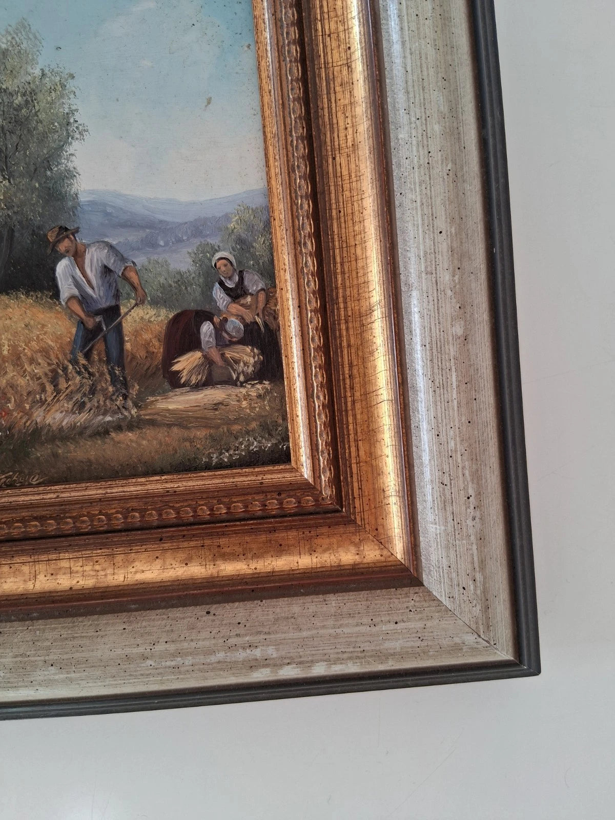 ORIGINAL Ölgemälde auf Holzplatte inkl. Rahmen | Landwirtschaft / Heuernte / Figuren | Signiert