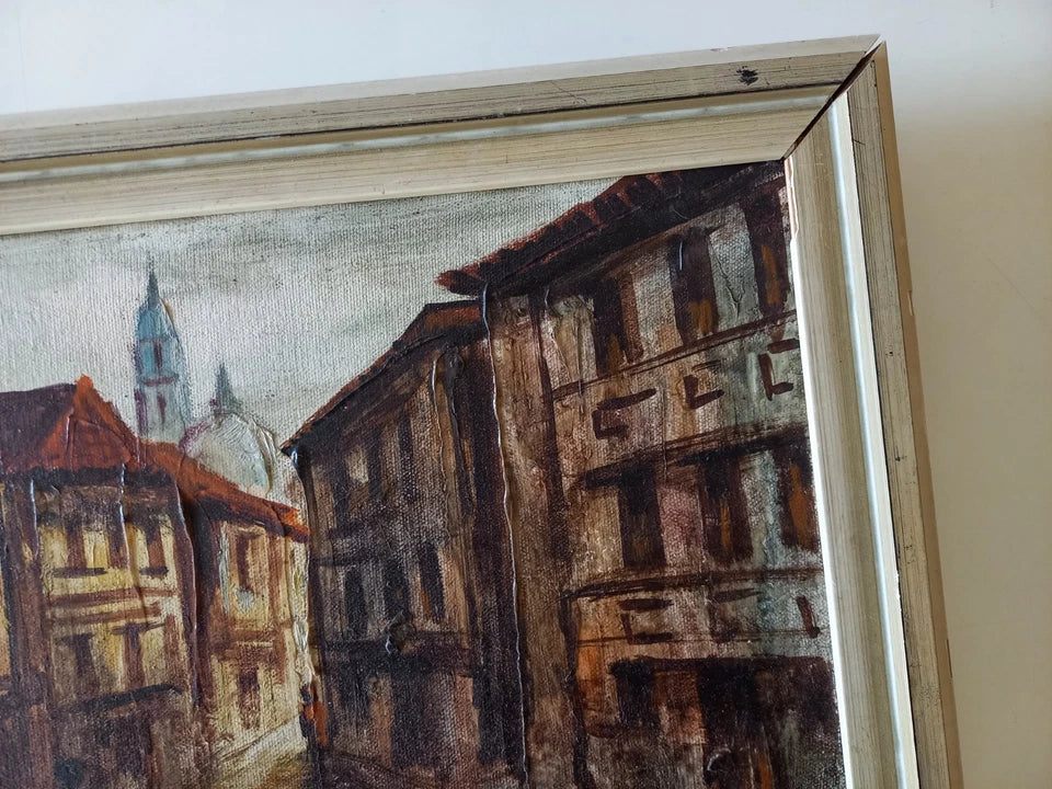 ORIGINAL Ölgemälde auf Leinwand inkl. Rahmen | Stadtansicht / Stadtszene mit Figuren | Signiert