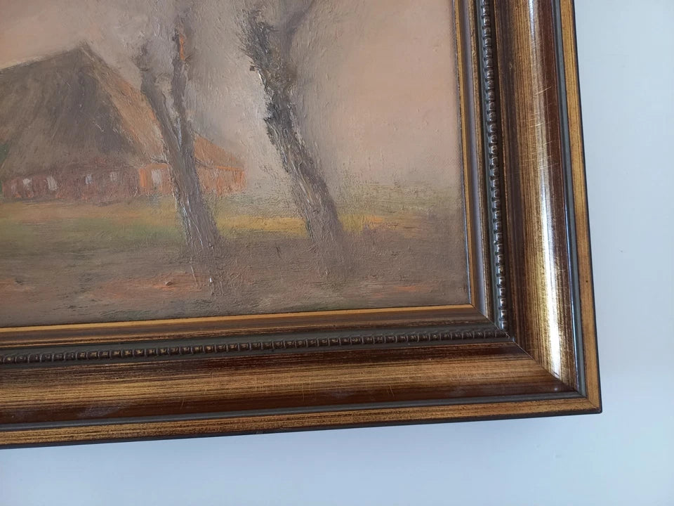 ORIGINAL Ölgemälde auf Leinwand inkl. Rahmen | Reetdachhaus / Nebel / Ostfriesland | Signiert