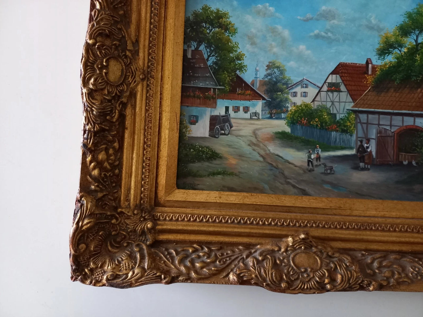 ORIGINAL Ölgemälde auf Holzplatte inkl. antikem Rahmen | Fachwerkhäuser / Dorfleben | Signiert