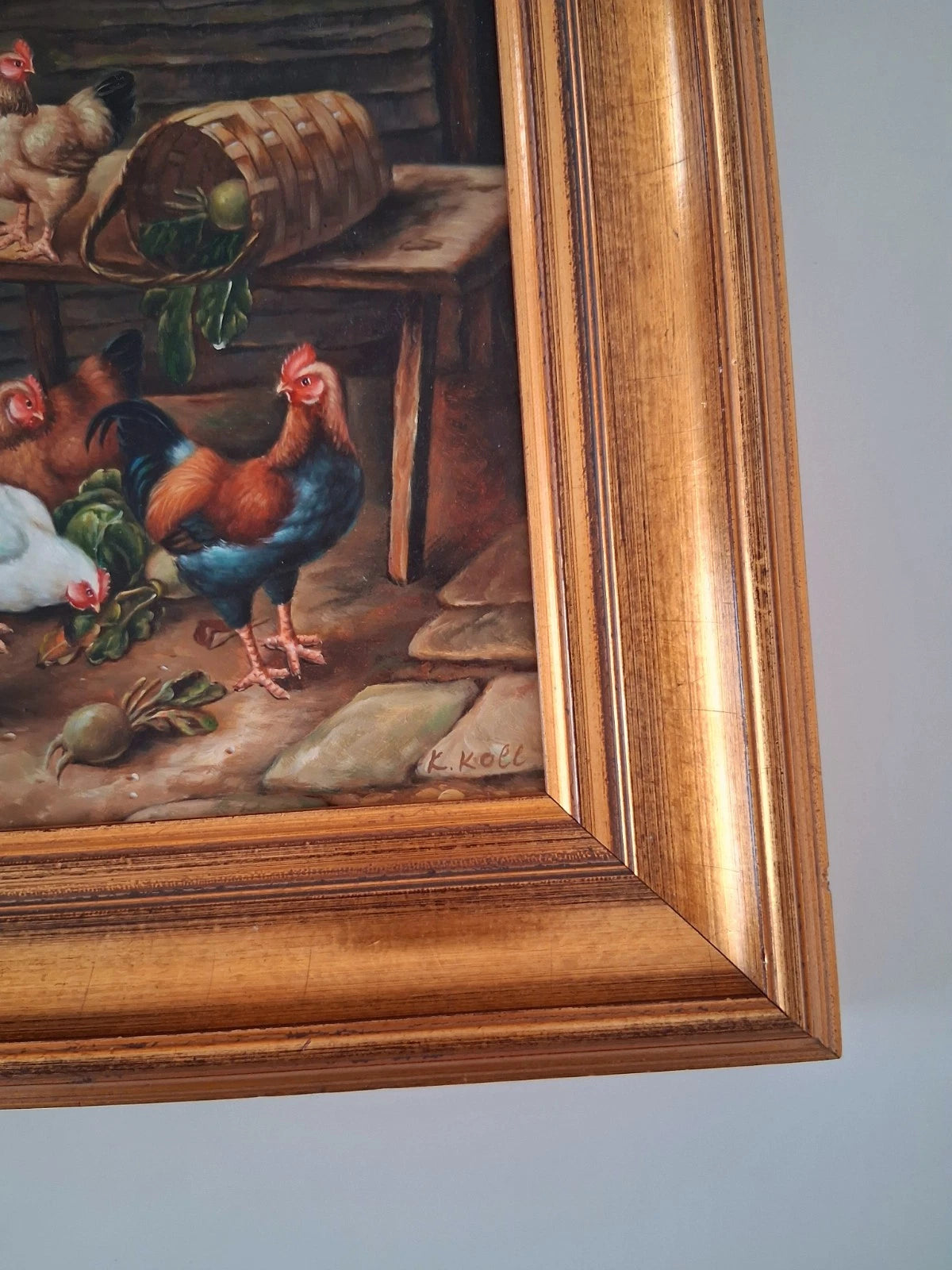 ORIGINAL Ölgemälde auf Holzplatte inkl. Rahmen | Hühnerstall / Bauernhof | Signiert: K. Koll