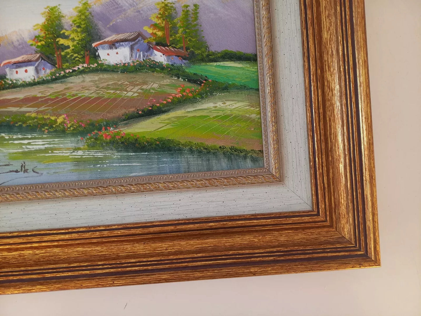 ORIGINAL Ölgemälde auf Leinwand inkl. Rahmen | Flusslandschaft / Berge | 38x33 cm | Signiert