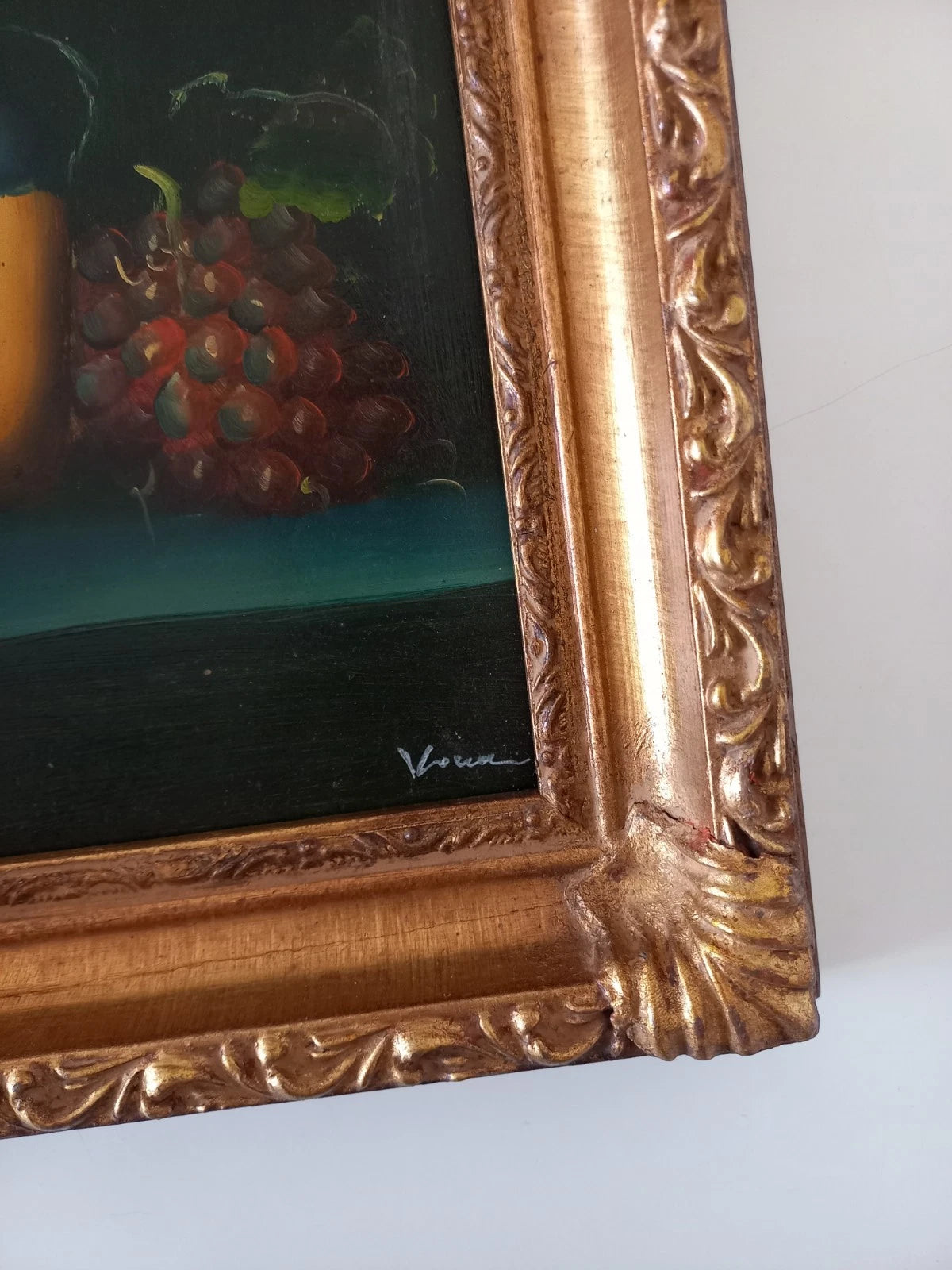 ORIGINAL Ölgemälde auf Karton inkl. Rahmen | Stillleben / Weintrauben | 21x26 cm | Signiert