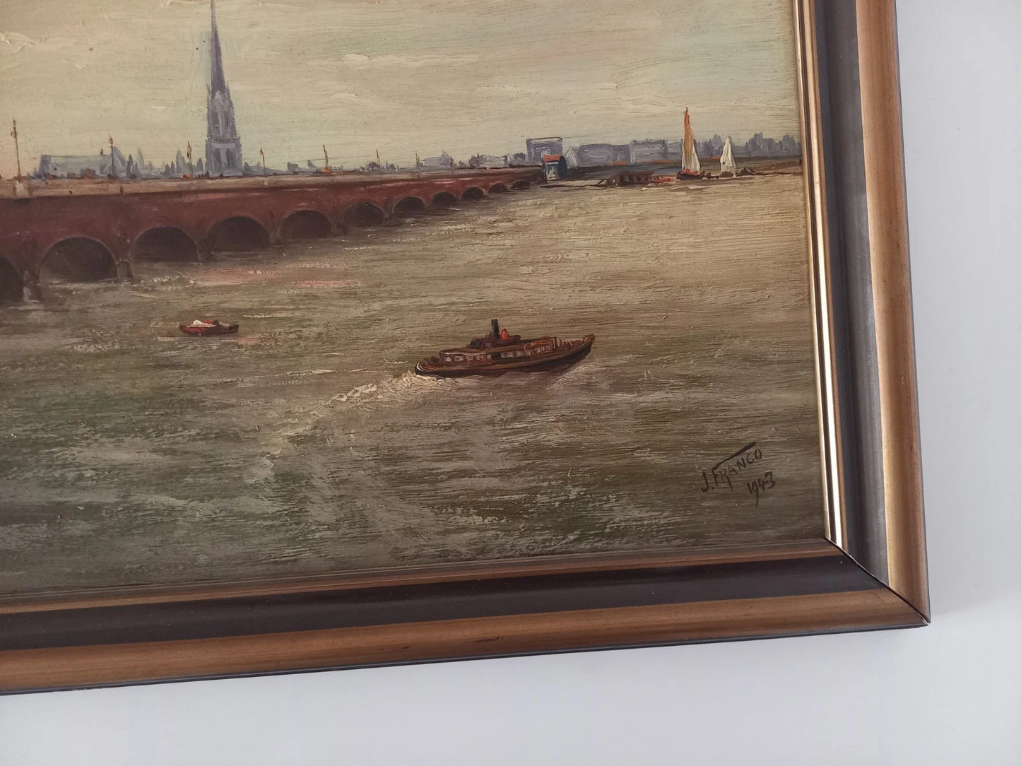 J. FRANCO | Pont de Pierre / Bordeaux | ORIGINAL Ölgemälde auf Holzplatte inkl. Rahmen (1943)
