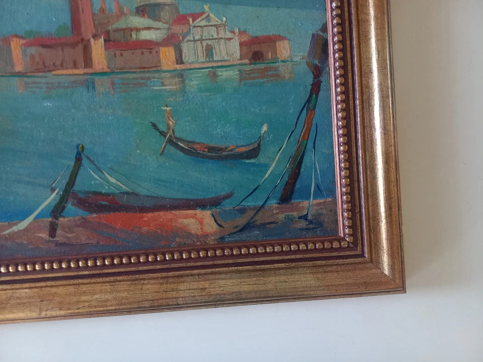 ORIGINAL Ölgemälde auf Karton inkl. Rahmen | San Marco / Markusturm / Venedig | Signiert