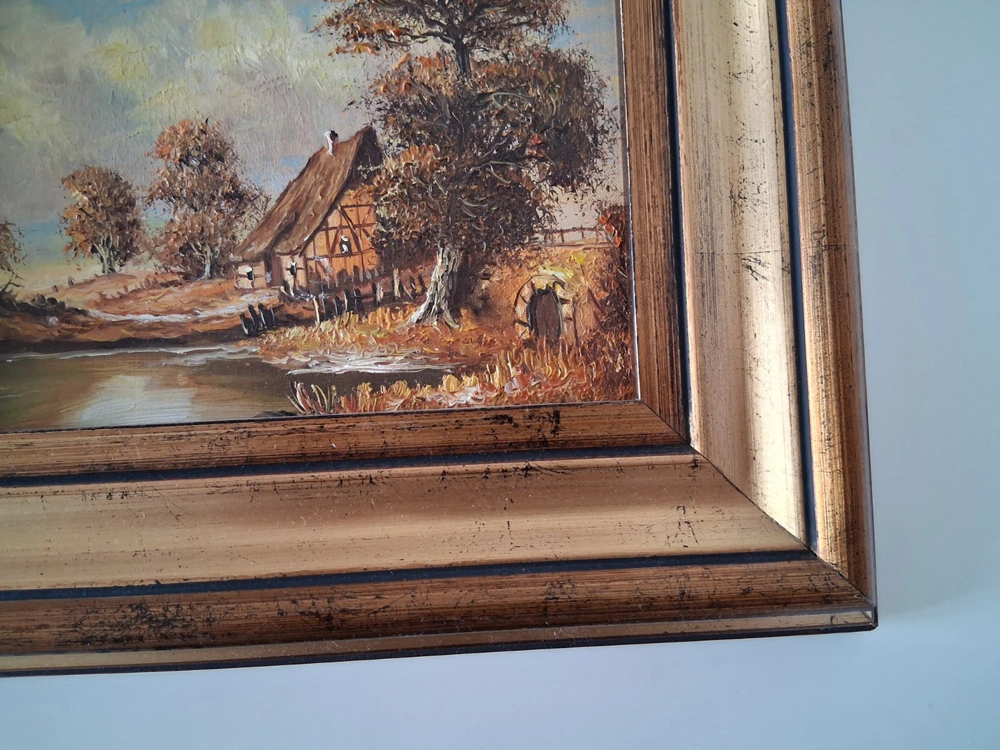 ORIGINAL Ölgemälde auf Karton inkl. Rahmen | Bauernhaus / Landschaft | 29x24 cm | Signiert