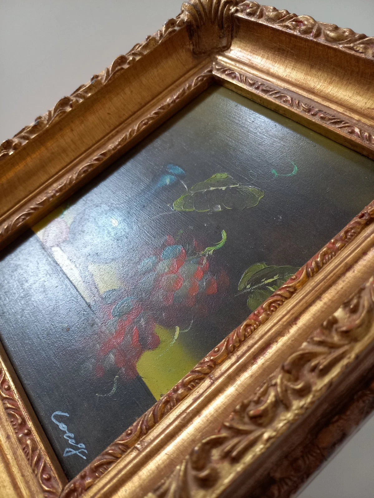 ORIGINAL Ölgemälde auf Karton inkl. Rahmen | Stillleben / Weintrauben | 21x26 cm | Signiert