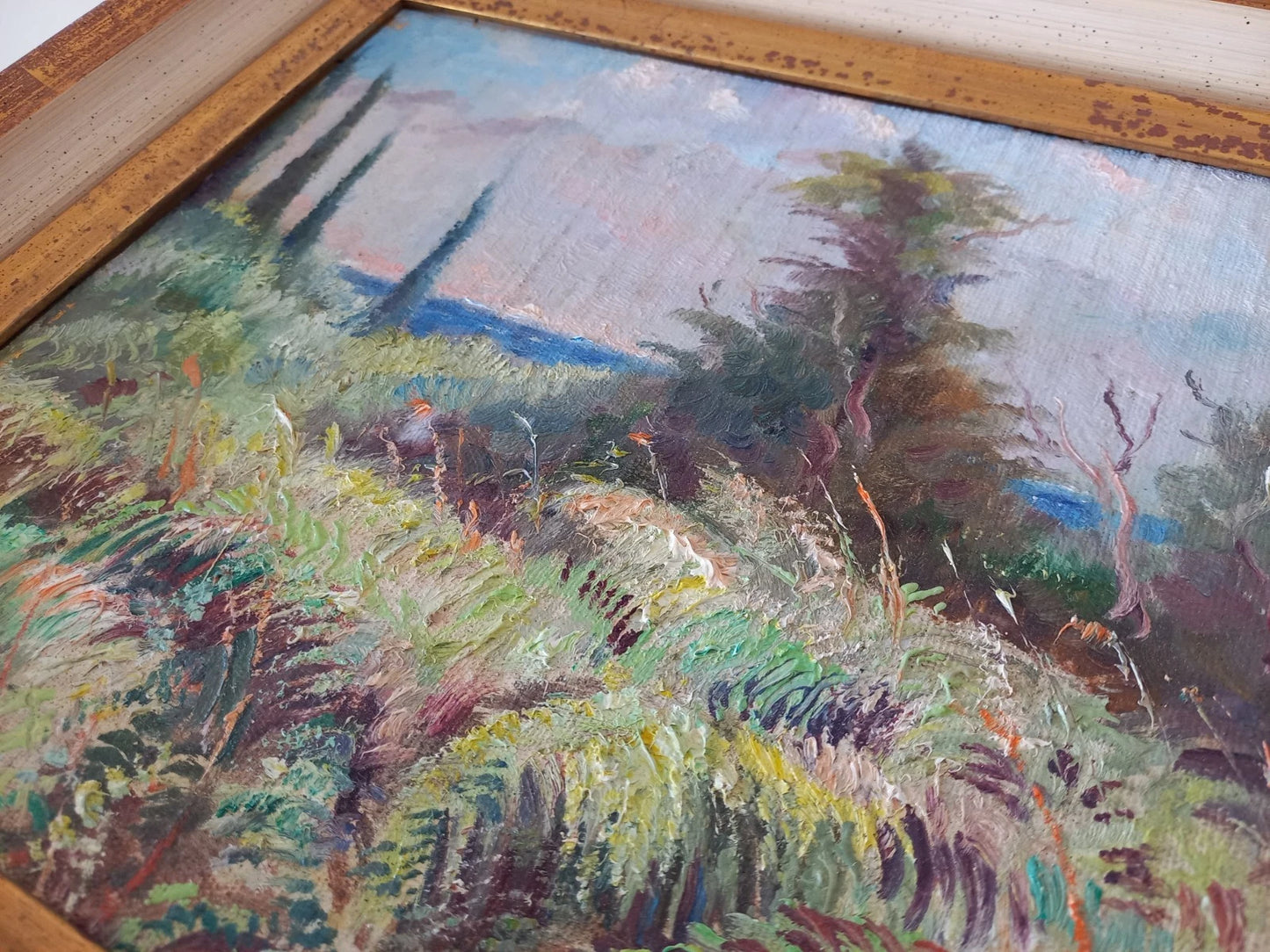 ORIGINAL Ölgemälde auf Karton inkl. Rahmen | Farnlandschaft / Natur | 33x28 cm | Signiert