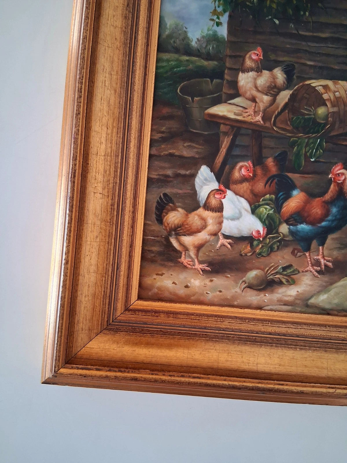 ORIGINAL Ölgemälde auf Holzplatte inkl. Rahmen | Hühnerstall / Bauernhof | Signiert: K. Koll