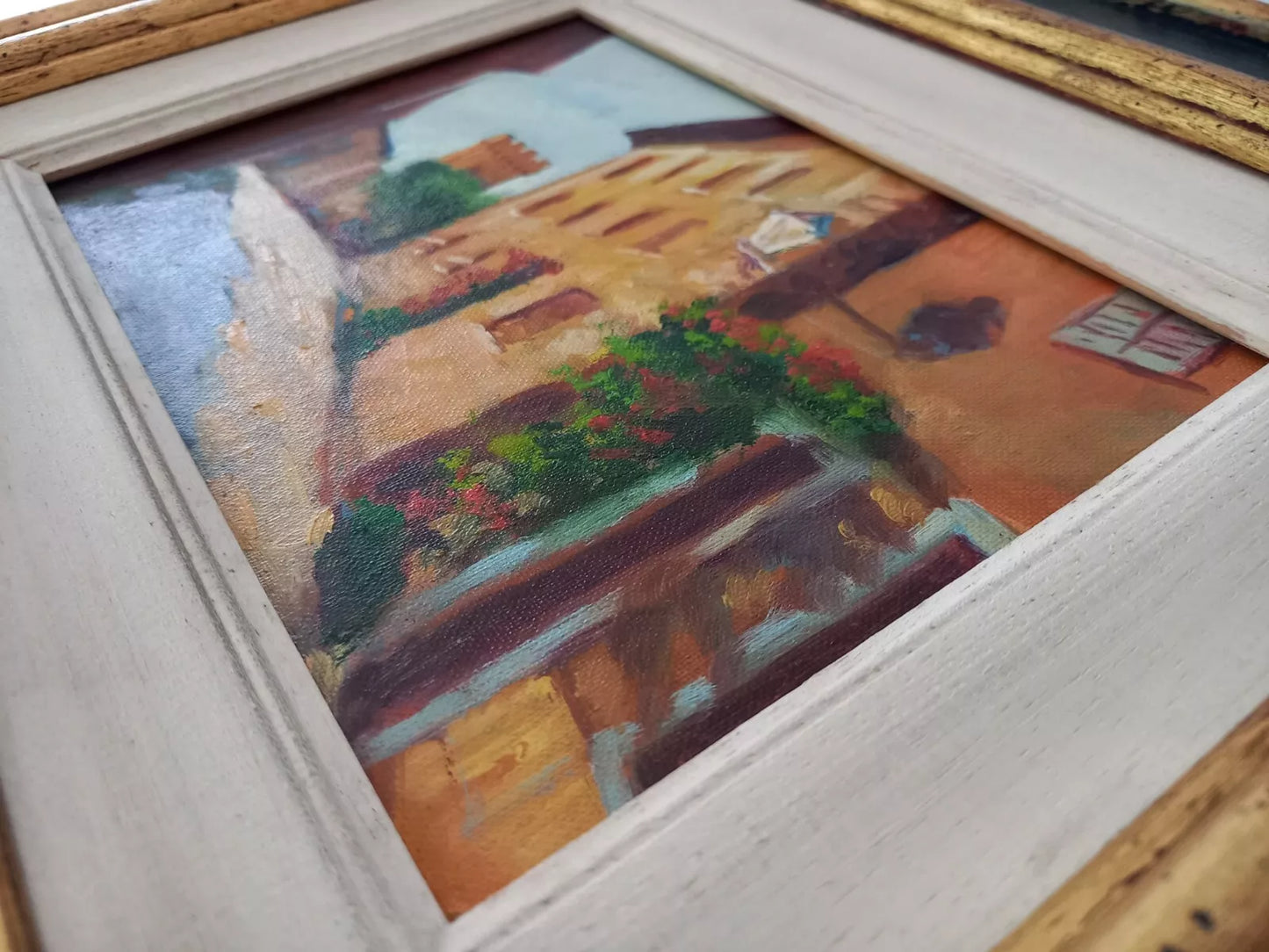 ORIGINAL Ölgemälde auf Karton inkl. Rahmen | Stadtansicht mit Burgturm | 39x35 cm