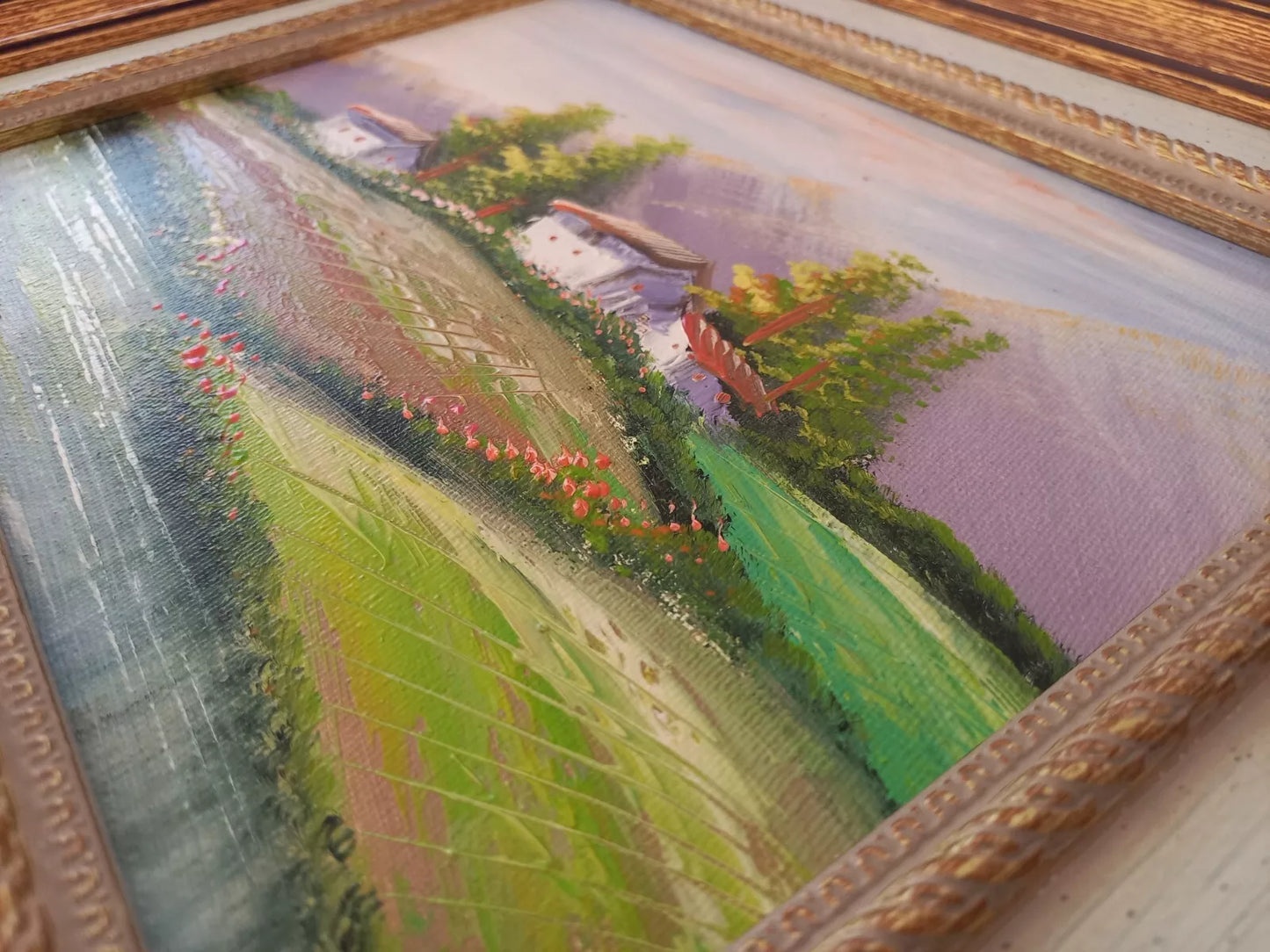 ORIGINAL Ölgemälde auf Leinwand inkl. Rahmen | Flusslandschaft / Berge | 38x33 cm | Signiert