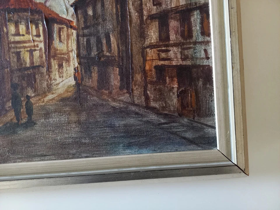 ORIGINAL Ölgemälde auf Leinwand inkl. Rahmen | Stadtansicht / Stadtszene mit Figuren | Signiert