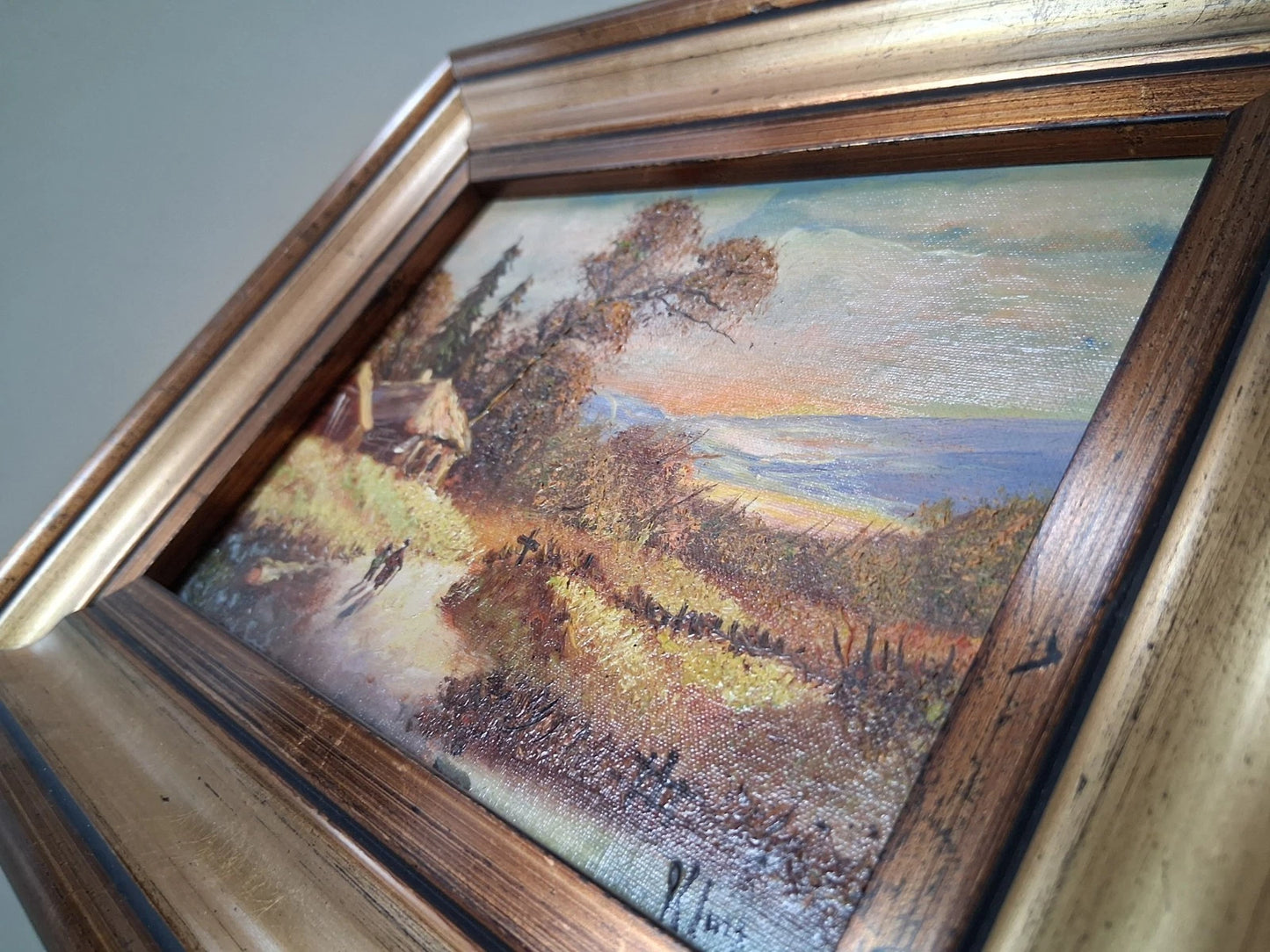 ORIGINAL Ölgemälde auf Karton inkl. Rahmen | Landschaft / Bauernhaus | 29x24 cm | Signiert