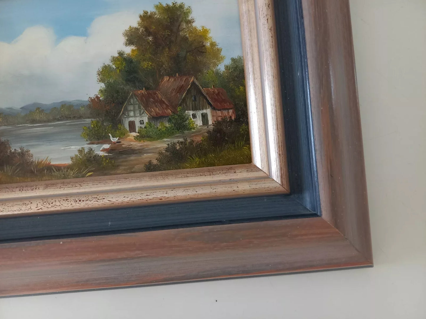 ORIGINAL Ölgemälde auf Holzplatte | Landschaft / Bauernhaus am See | Signiert: VON PAPEN