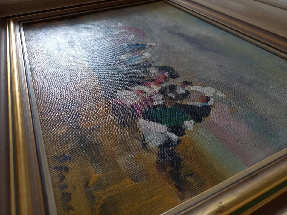 ORIGINAL Ölgemälde auf Karton inkl. Rahmen | Picknick am Strand / Abstrakt / Figuren | Signiert