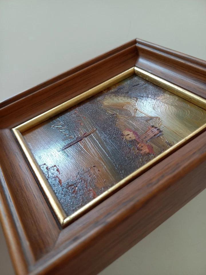 SELTENES KLEINES Ölgemälde auf Kupferplatte inkl. Rahmen | Landschaft / Burg / Italien | Signiert