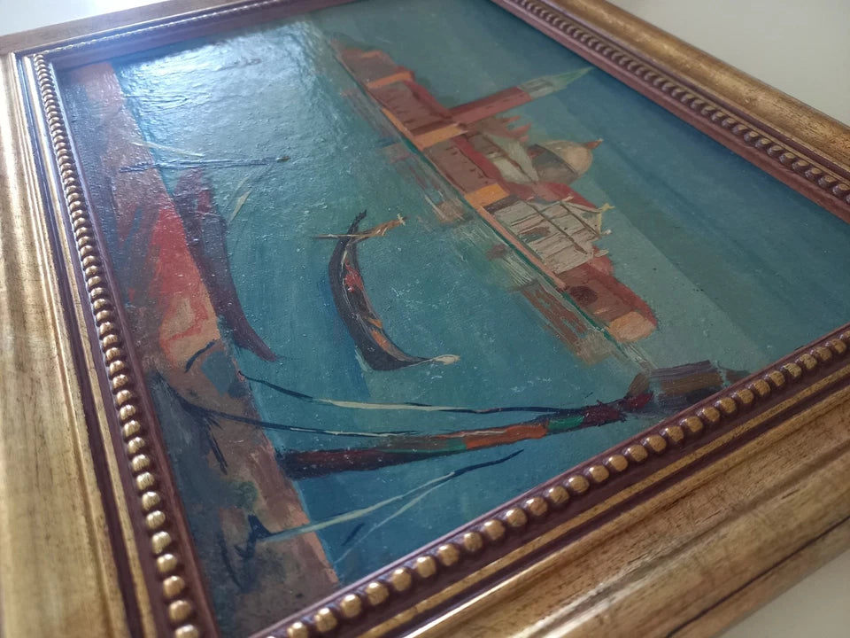 ORIGINAL Ölgemälde auf Karton inkl. Rahmen | San Marco / Markusturm / Venedig | Signiert