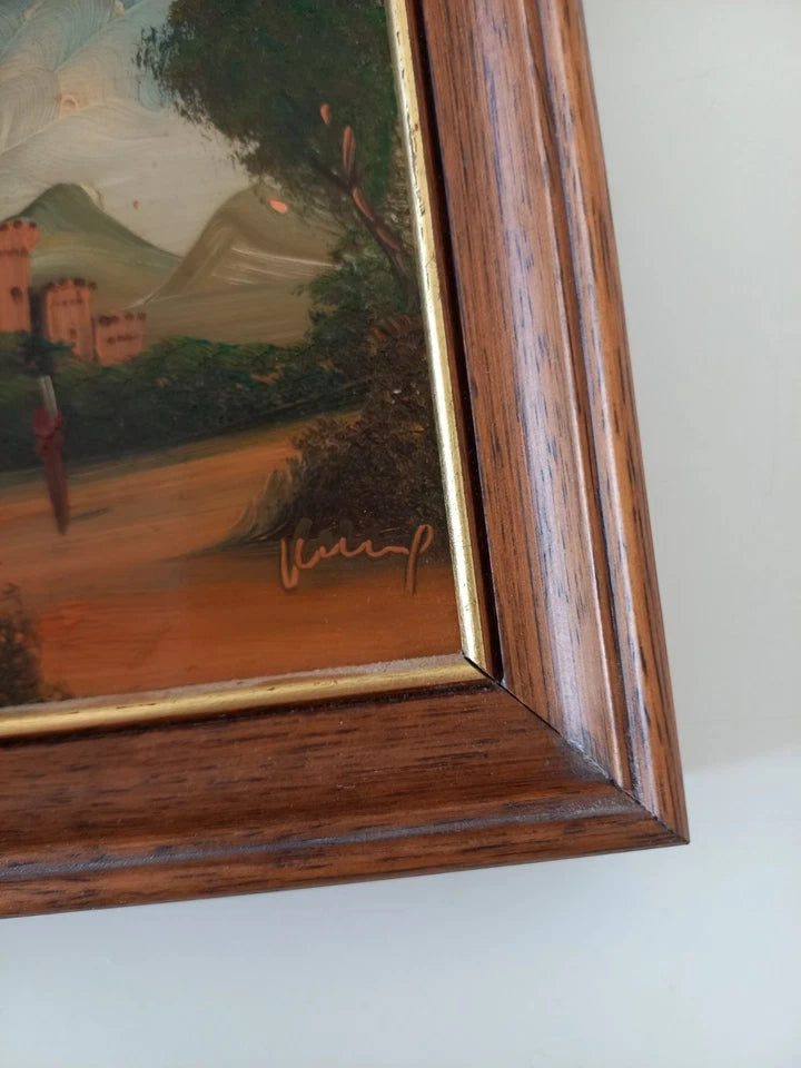 SELTENES KLEINES Ölgemälde auf Kupferplatte inkl. Rahmen | Landschaft / Burg / Italien | Signiert