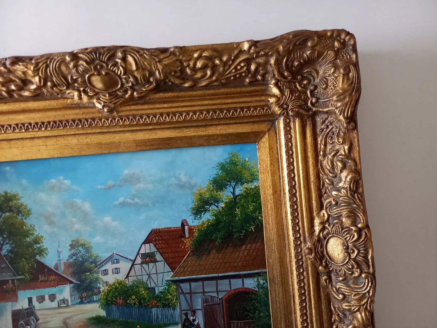 ORIGINAL Ölgemälde auf Holzplatte inkl. antikem Rahmen | Fachwerkhäuser / Dorfleben | Signiert