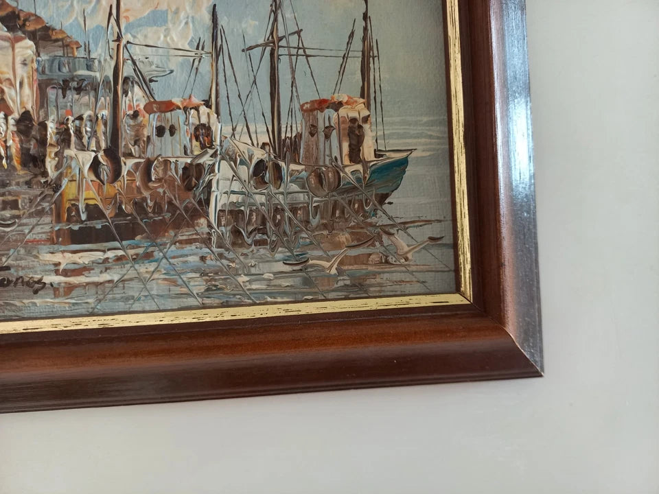 ORIGINAL Ölgemälde auf Karton | Fischerboote im Hafen | 19x14 cm | Signiert: N. JONES