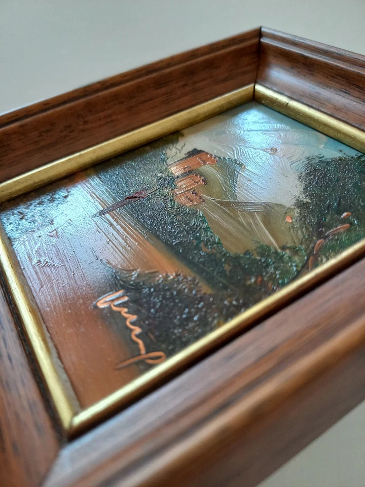 SELTENES KLEINES Ölgemälde auf Kupferplatte inkl. Rahmen | Landschaft / Burg / Italien | Signiert