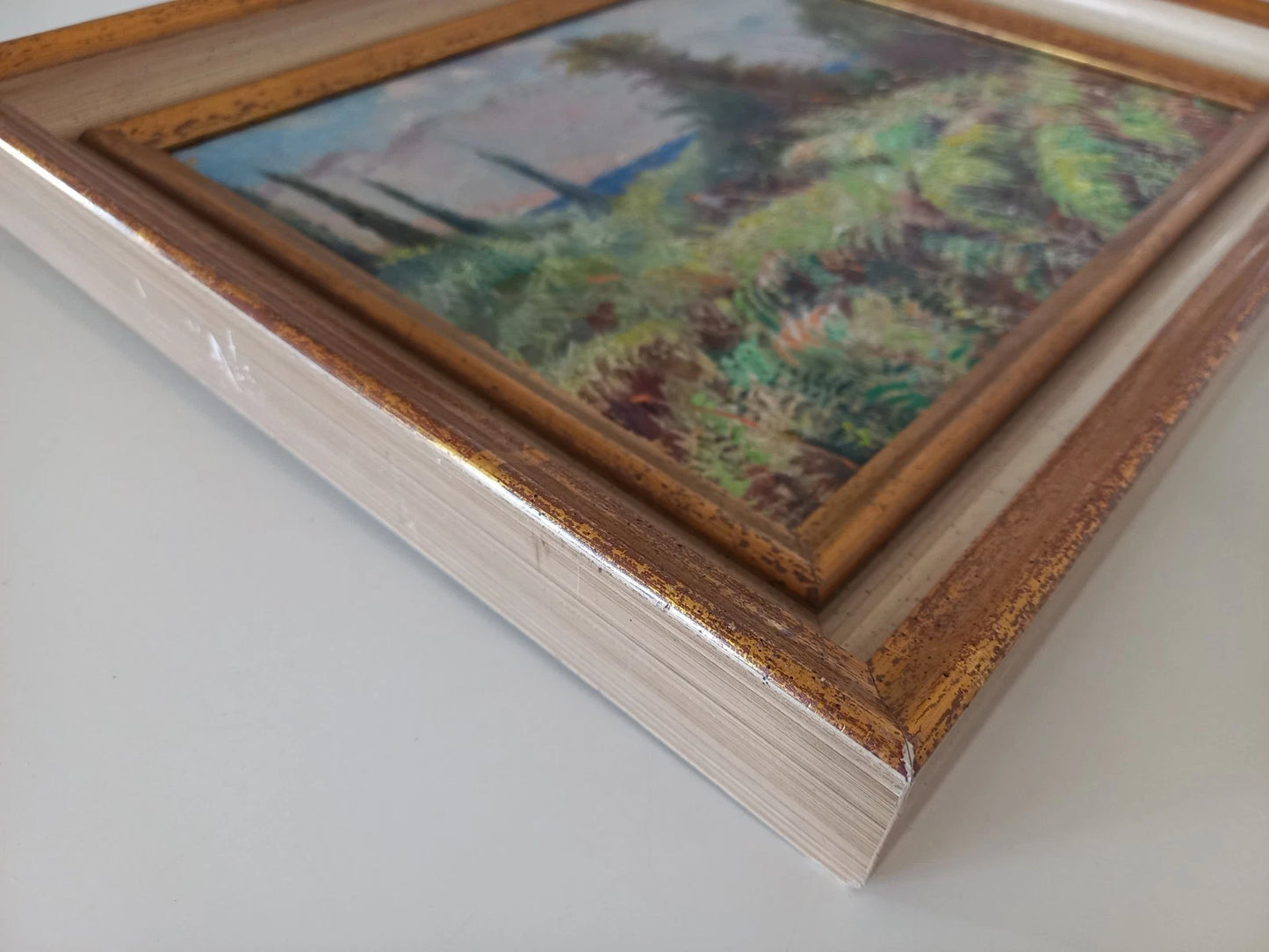 ORIGINAL Ölgemälde auf Karton inkl. Rahmen | Farnlandschaft / Natur | 33x28 cm | Signiert