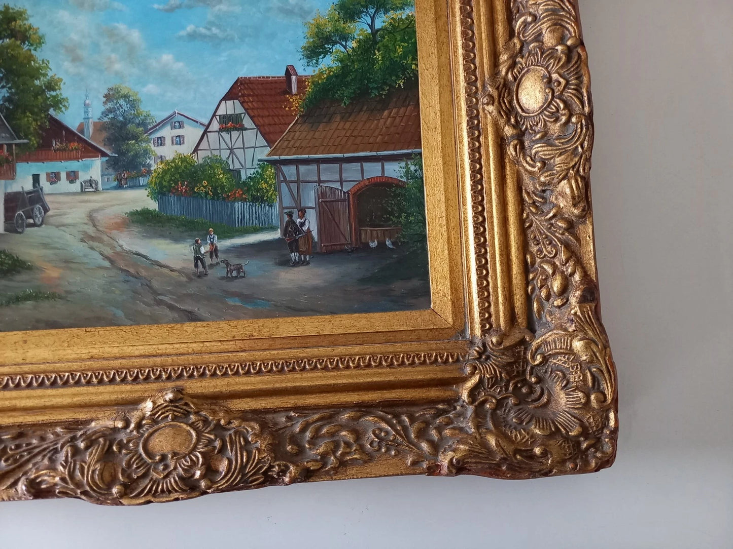 ORIGINAL Ölgemälde auf Holzplatte inkl. antikem Rahmen | Fachwerkhäuser / Dorfleben | Signiert