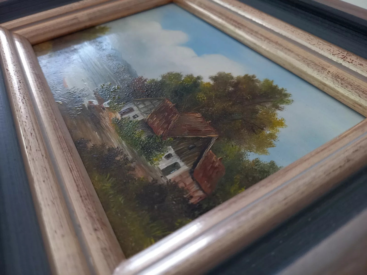 ORIGINAL Ölgemälde auf Holzplatte | Landschaft / Bauernhaus am See | Signiert: VON PAPEN