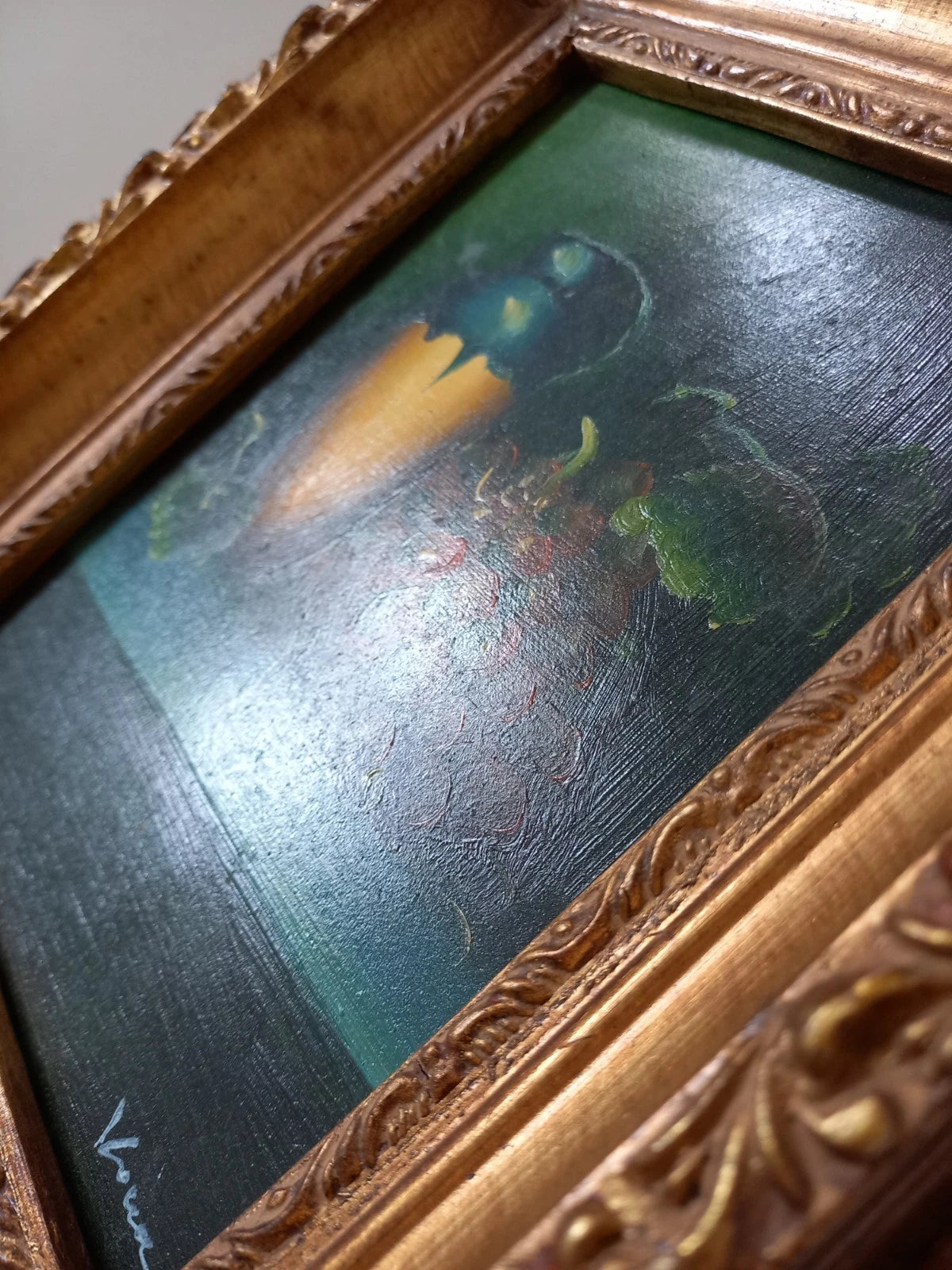 ORIGINAL Ölgemälde auf Karton inkl. Rahmen | Stillleben / Weintrauben | 21x26 cm | Signiert